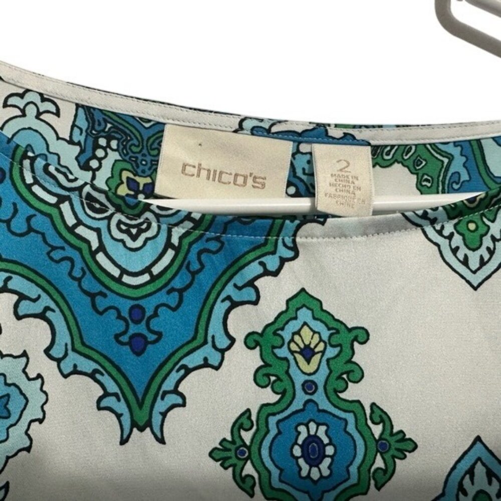 Chicos Womens Size 2 Green & Blue Geometric Print Poncho Style Top Polyester Ble - Picture 3 of 4